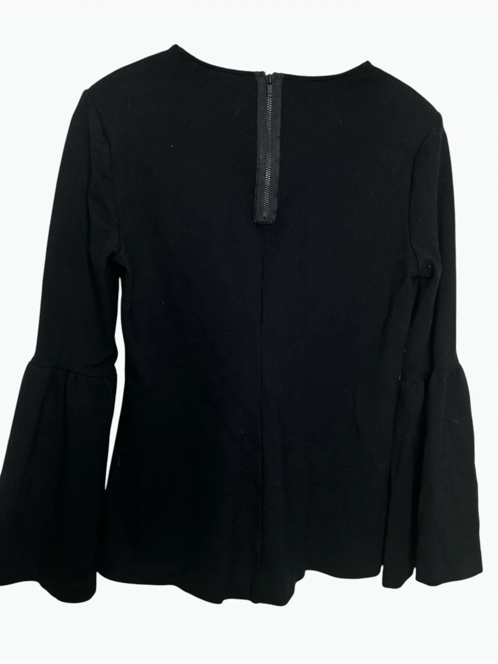 Cabi Its A Party Black Bell Sleeve V-Neck Top Back Exposed Zip XS #3500